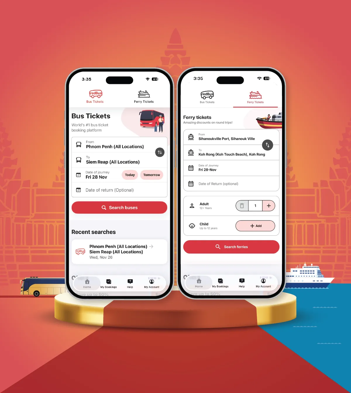 RedBus mobile app screenshots showing bus booking features